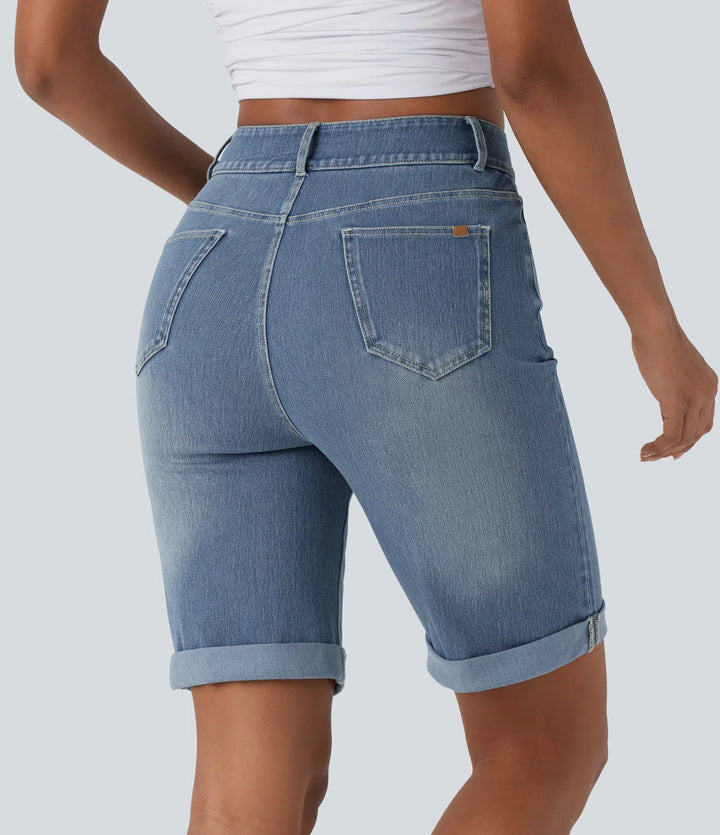 Bermuda décontracté en jean extensible délavé Halara Flex™ taille haute avec revers et multiples poches