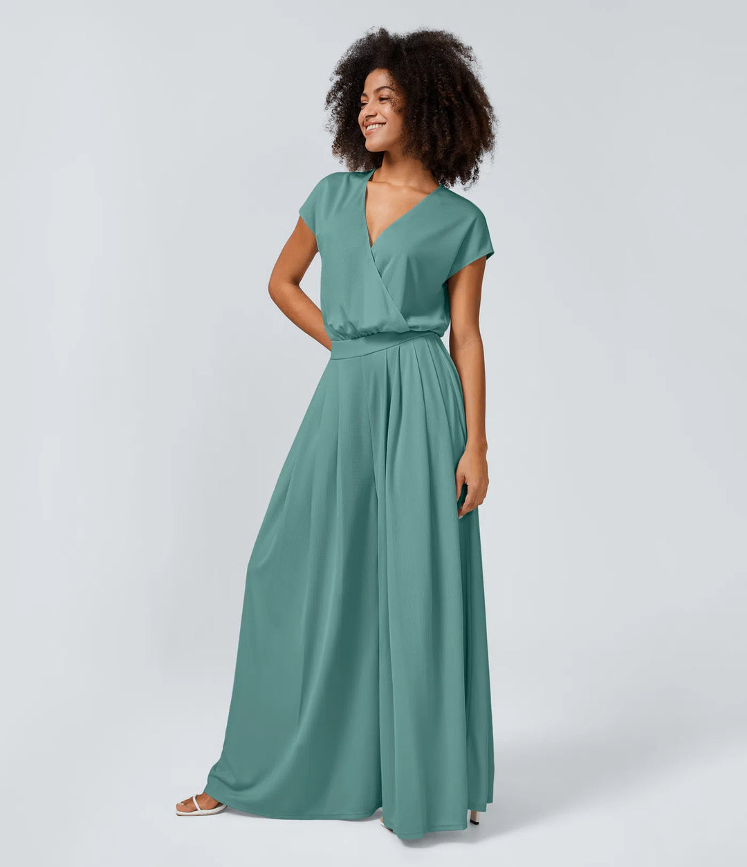 Combinaison Casual Col en V Jambes Large Plissée Manches Courtes Poche Latérale Gaufrée Fluide