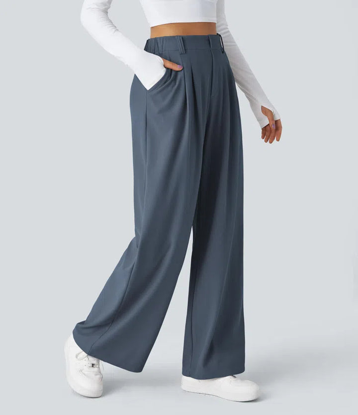 Pantalon Tailleur Large Fluide Gaufré Taille Haute Poches Latérales
