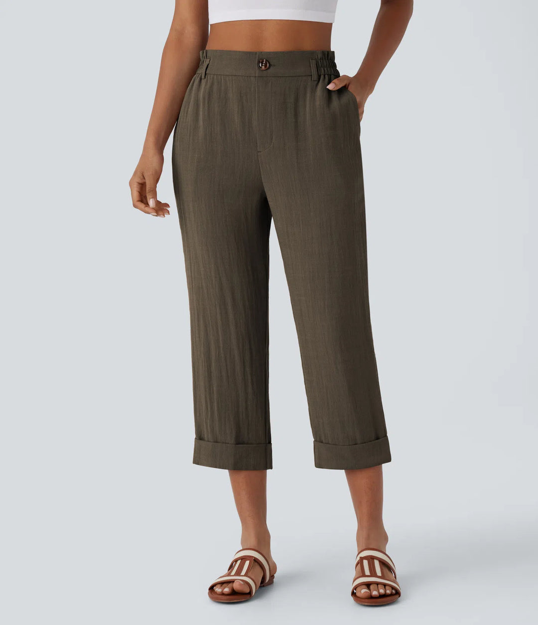 Pantalon capri effet lin taille haute avec poches zippées