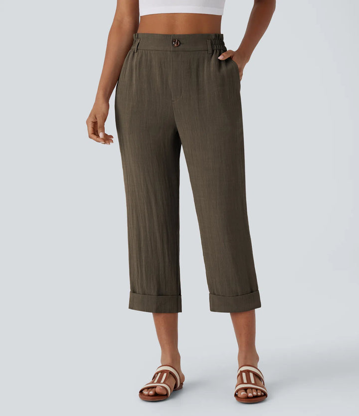 Pantalon capri effet lin taille haute avec poches zippées