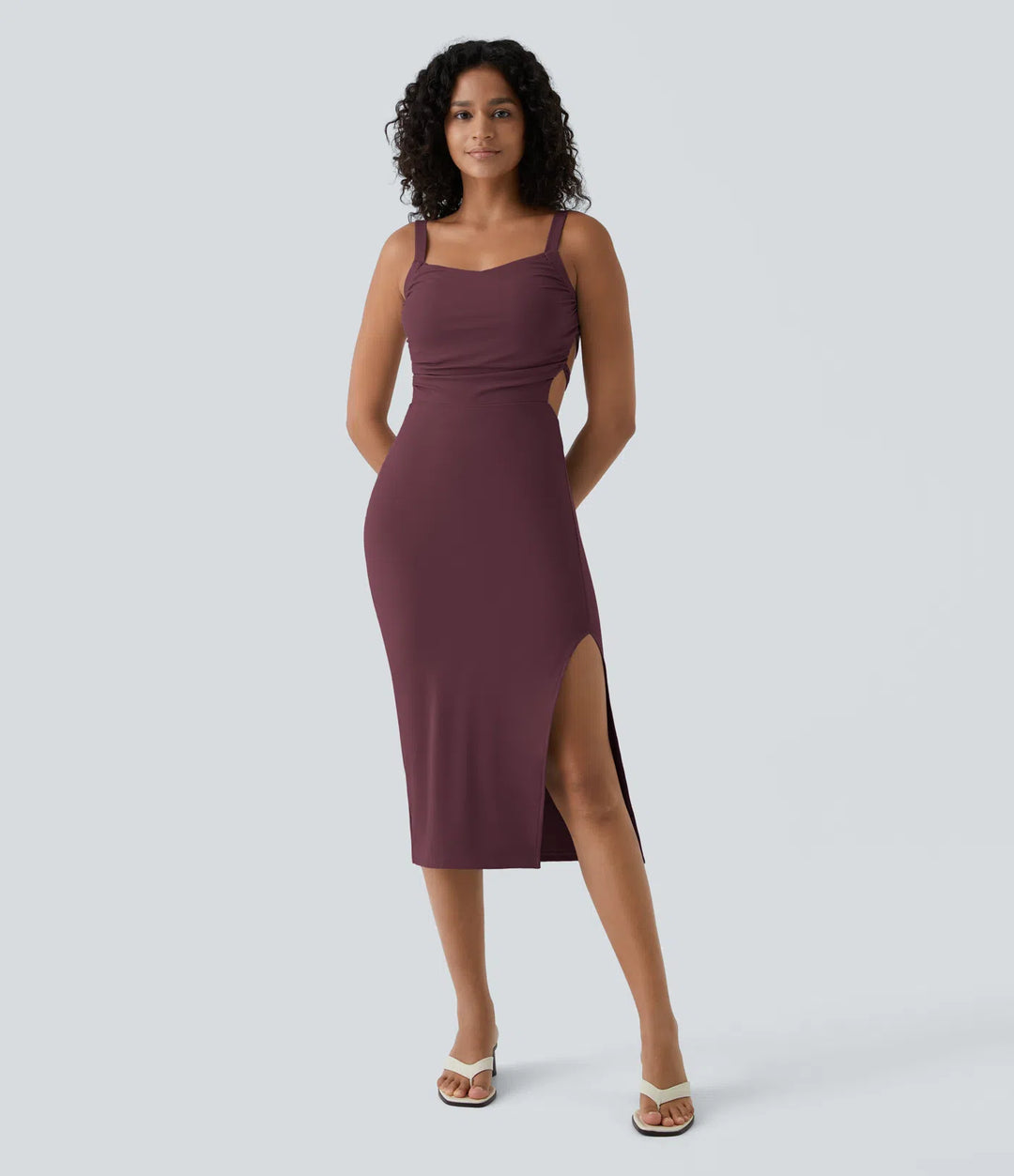 Robe midi casual laquée fendue, brassière intégrée, dos nu croisé