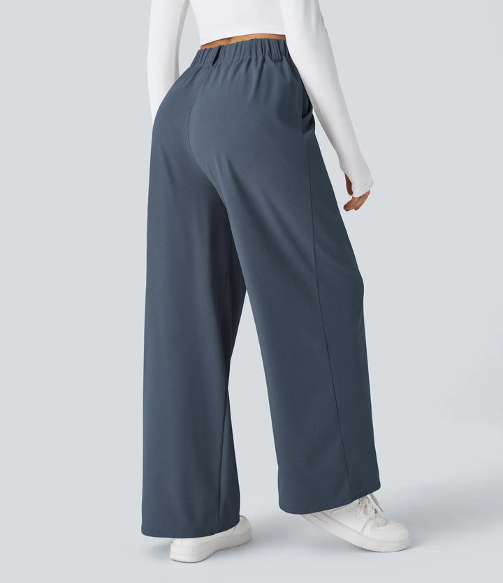 Pantalon Tailleur Large Fluide Gaufré Taille Haute Poches Latérales