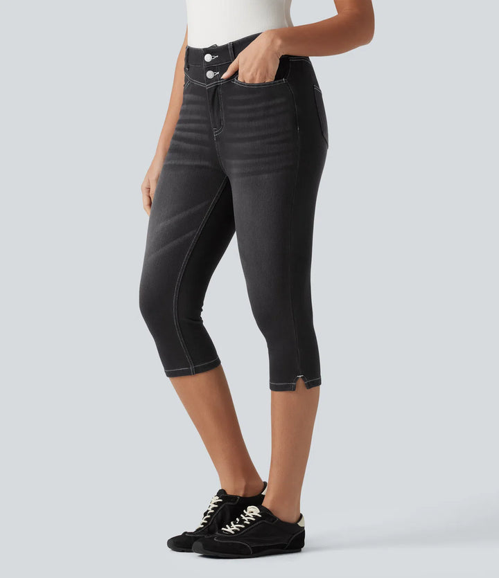 Jean slim casual capri taille haute avec fentes et poches