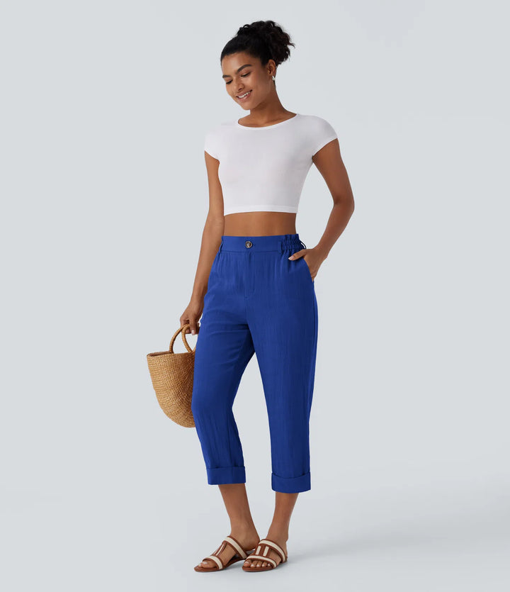 Pantalon capri effet lin taille haute avec poches zippées