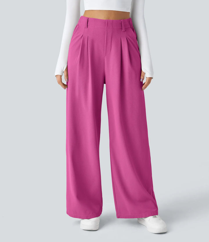 Pantalon fluide à taille haute et jambes larges, en tissu gaufré, avec poches latérales