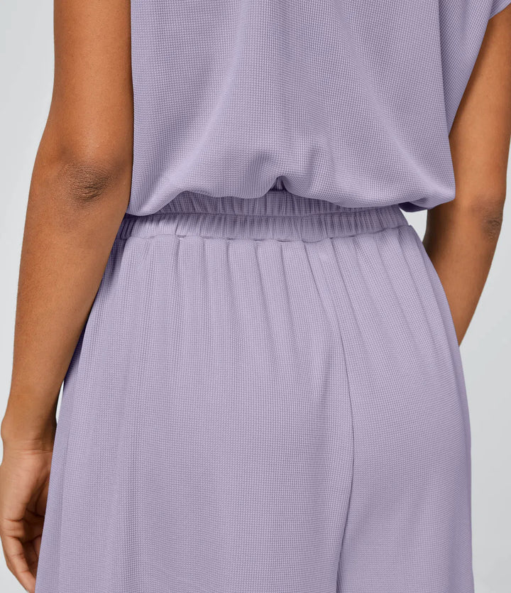 Combinaison Casual Col en V Jambes Large Plissée Manches Courtes Poche Latérale Gaufrée Fluide