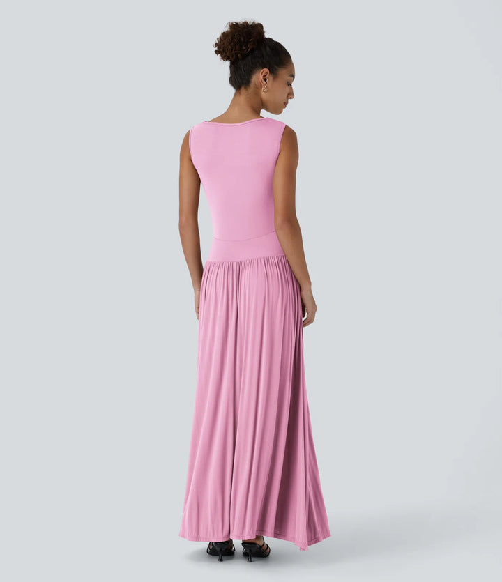Robe longue décontractée à encolure bateau, bretelles asymétriques, côtés froncés et poches