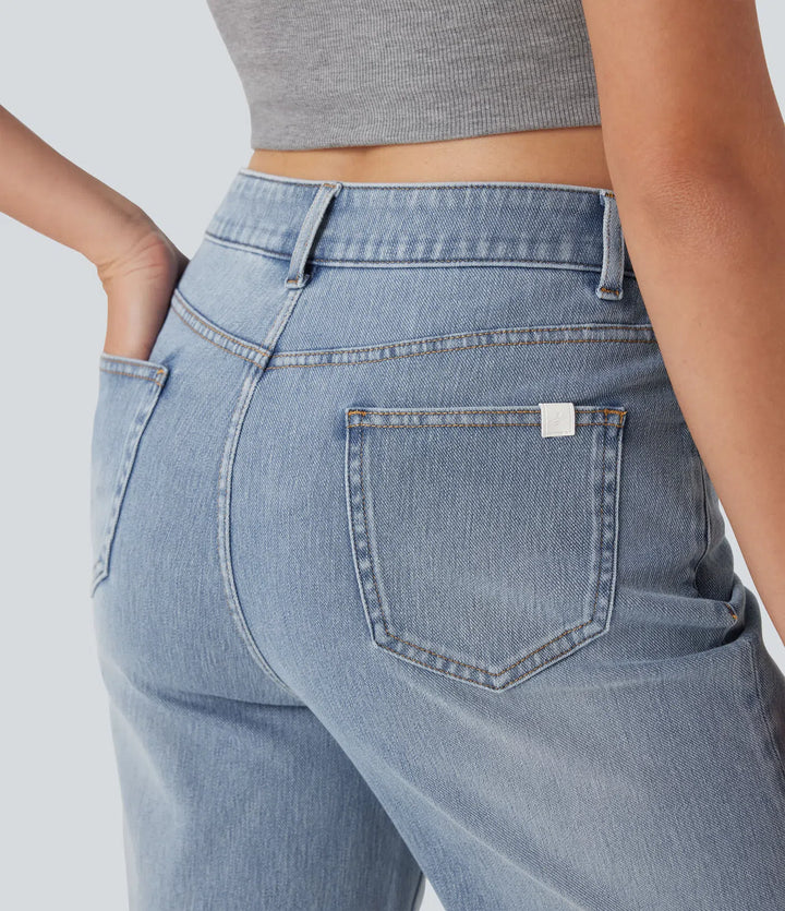 Bermuda décontracté en jean extensible délavé Halara Flex™ taille haute avec revers et multiples poches