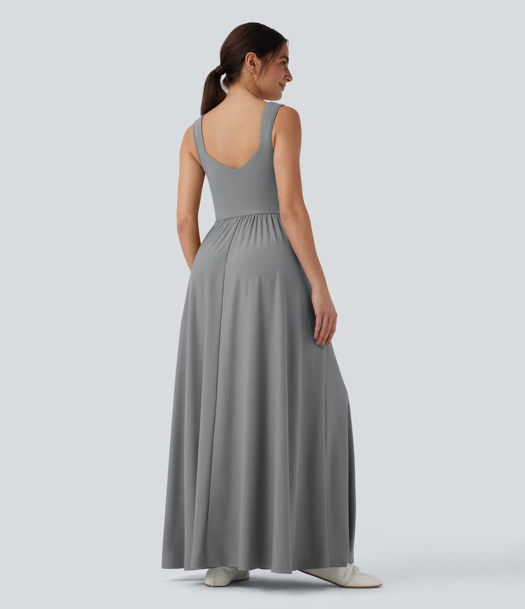 Robe maxi casual fluide dos nu, avec brassière intégrée et poches