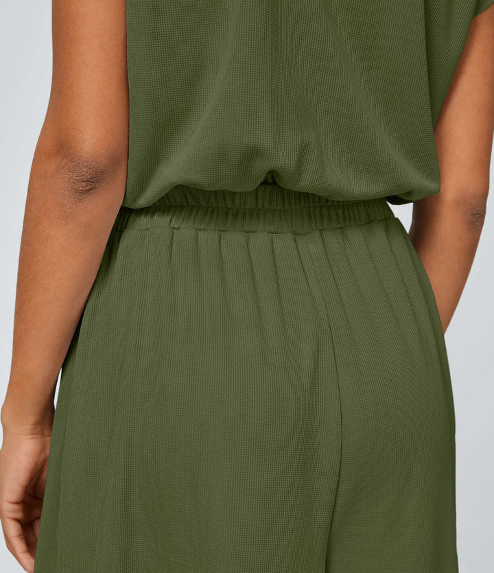 Combinaison Casual Col en V Jambes Large Plissée Manches Courtes Poche Latérale Gaufrée Fluide