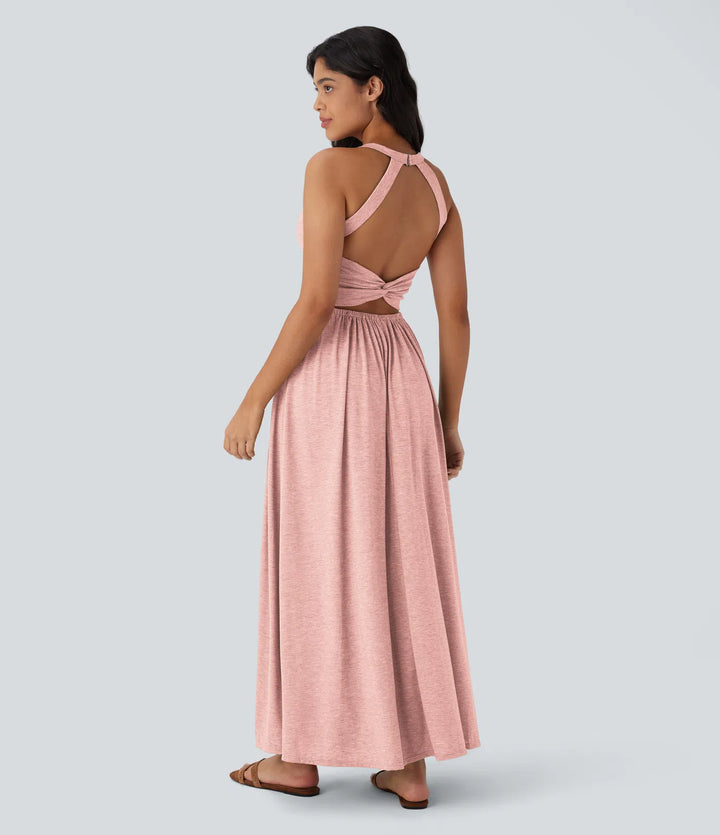 Robe longue fluide fendue avec poches latérales, dos nu et effet torsadé