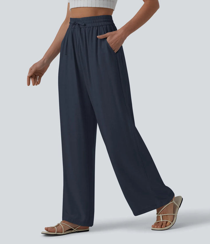Pantalon casual large mélange lin taille haute avec cordon de serrage et poches