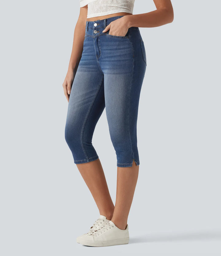 Jean slim casual capri taille haute avec fentes et poches