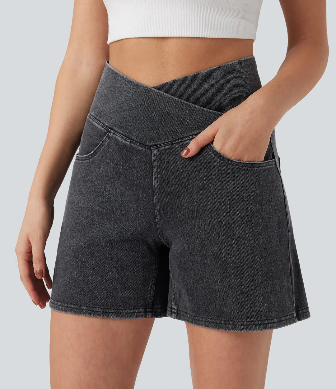 Jean & Marie Short décontracté évasé à jambe large en denim extensible délavé taille haute croisée avec poches multiples