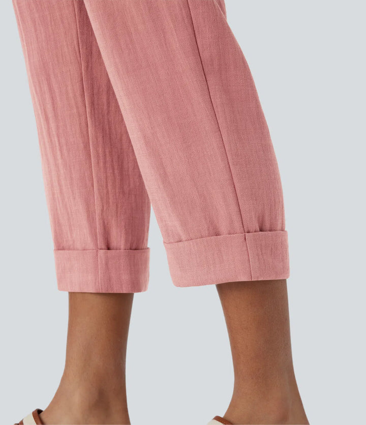 Pantalon capri effet lin taille haute avec poches zippées