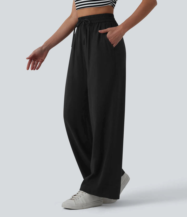 Pantalon casual large mélange lin taille haute avec cordon de serrage et poches