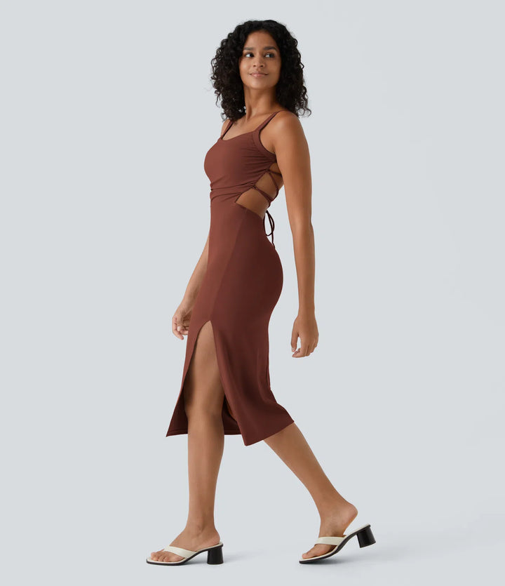 Robe midi casual laquée fendue, brassière intégrée, dos nu croisé