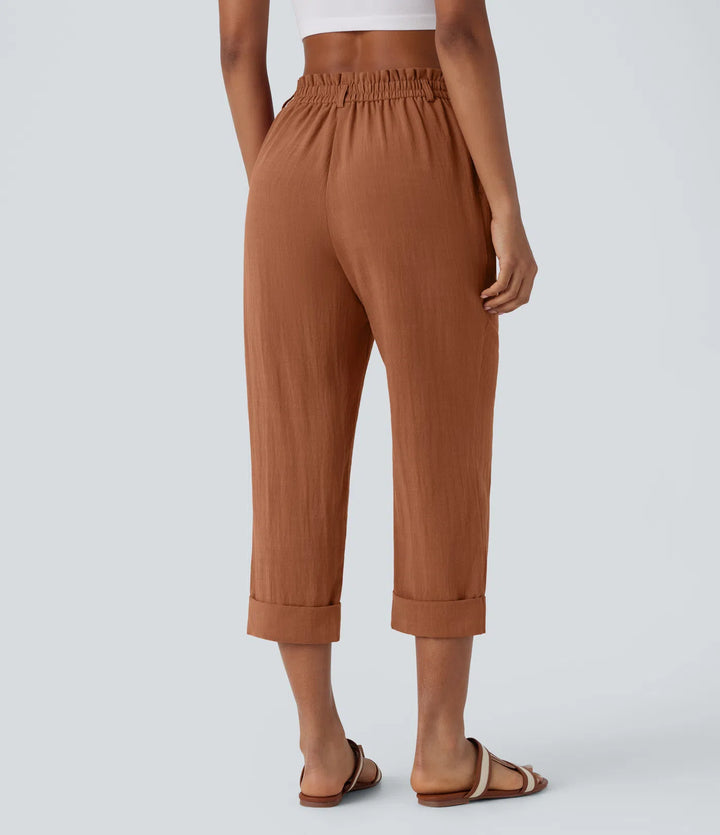 Pantalon capri effet lin taille haute avec poches zippées