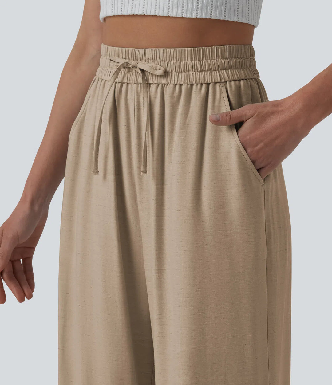 Pantalon casual large mélange lin taille haute avec cordon de serrage et poches