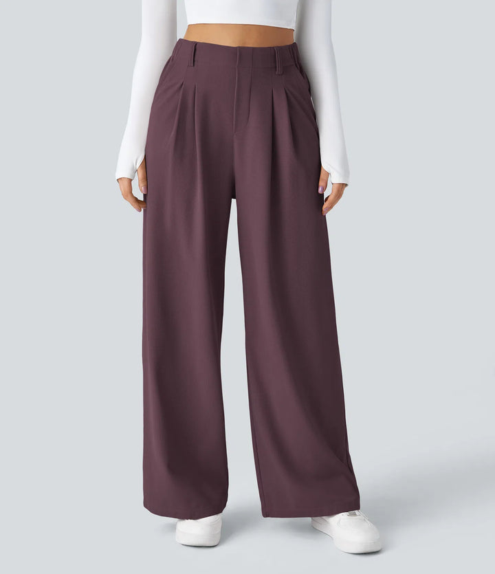 Pantalon fluide à taille haute et jambes larges, en tissu gaufré, avec poches latérales