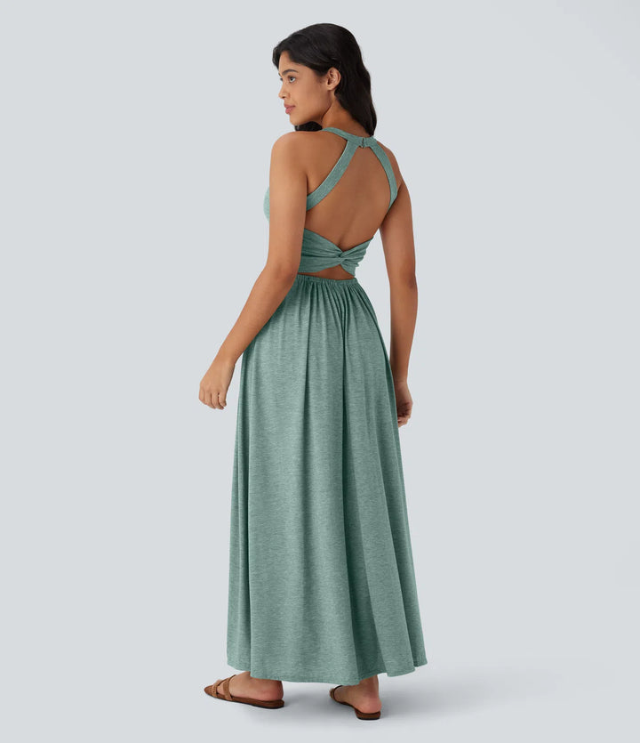 Robe longue fluide fendue avec poches latérales, dos nu et effet torsadé