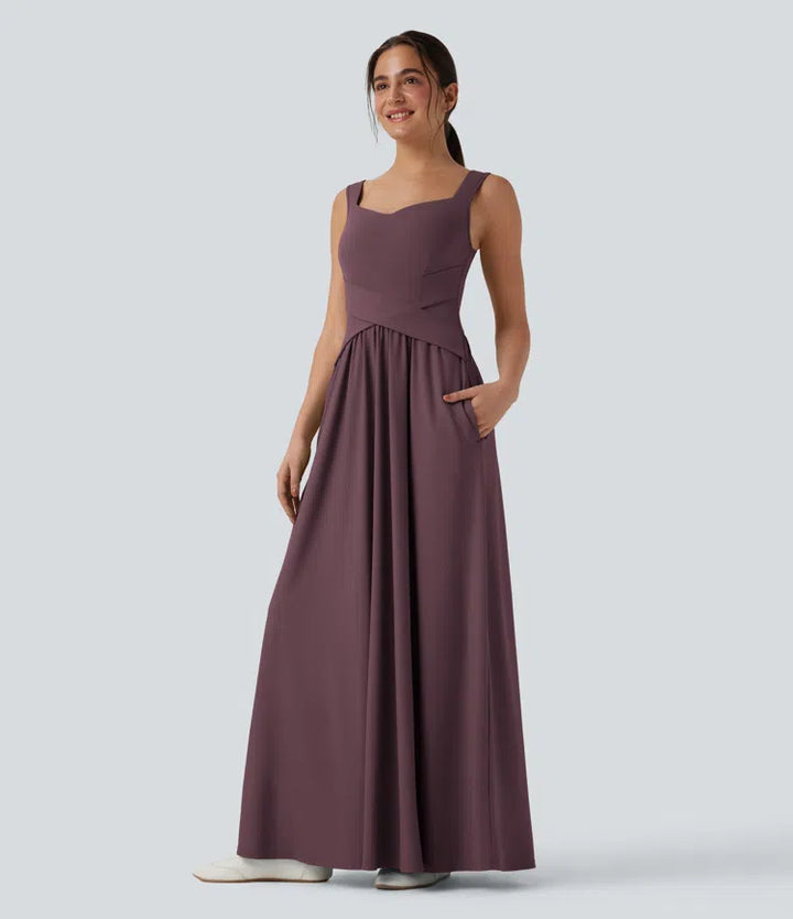 Robe maxi casual fluide dos nu, avec brassière intégrée et poches