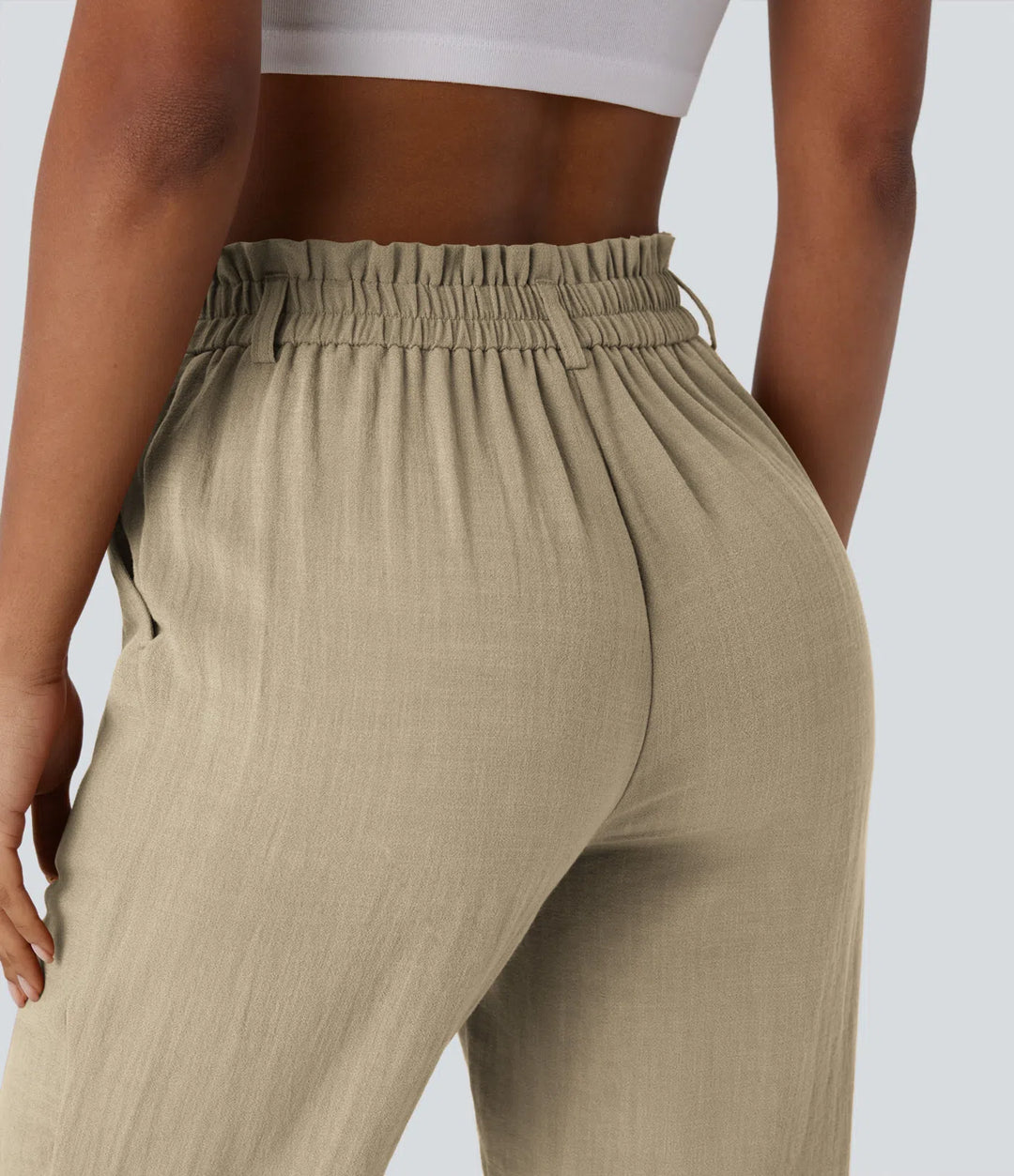 Pantalon capri effet lin taille haute avec poches zippées