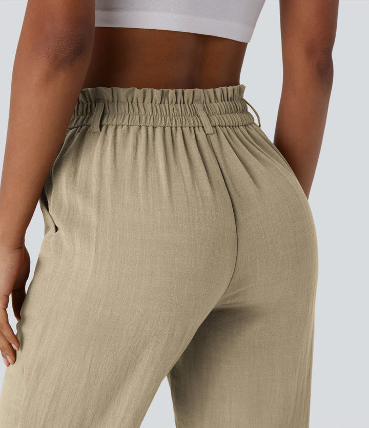 Pantalon capri effet lin taille haute avec poches zippées