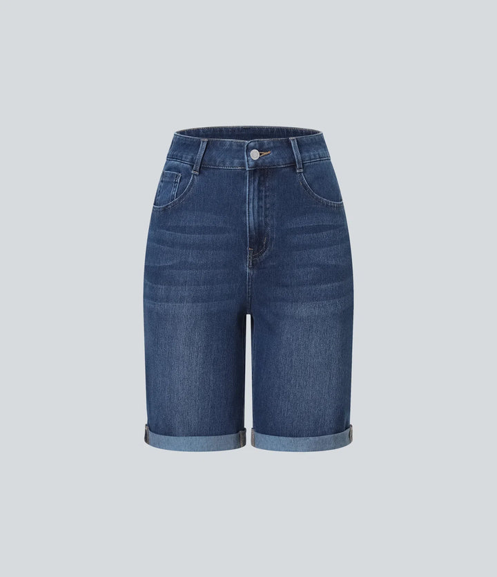 Bermuda décontracté en jean extensible délavé Halara Flex™ taille haute avec revers et multiples poches