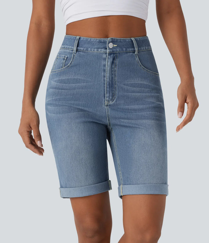 Bermuda décontracté en jean extensible délavé Halara Flex™ taille haute avec revers et multiples poches
