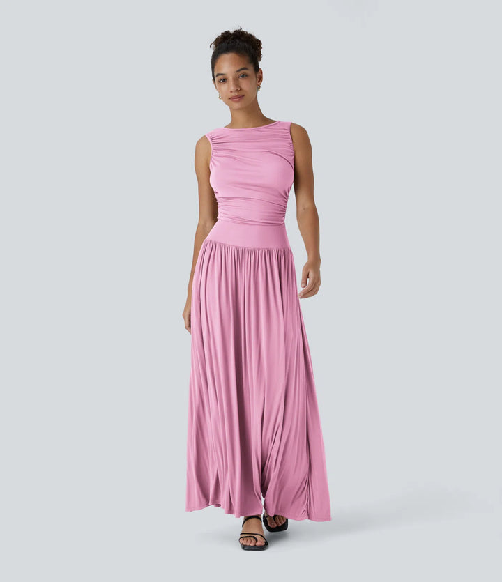 Robe longue décontractée à encolure bateau, bretelles asymétriques, côtés froncés et poches