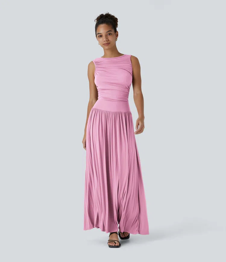 Robe longue décontractée à encolure bateau, bretelles asymétriques, côtés froncés et poches