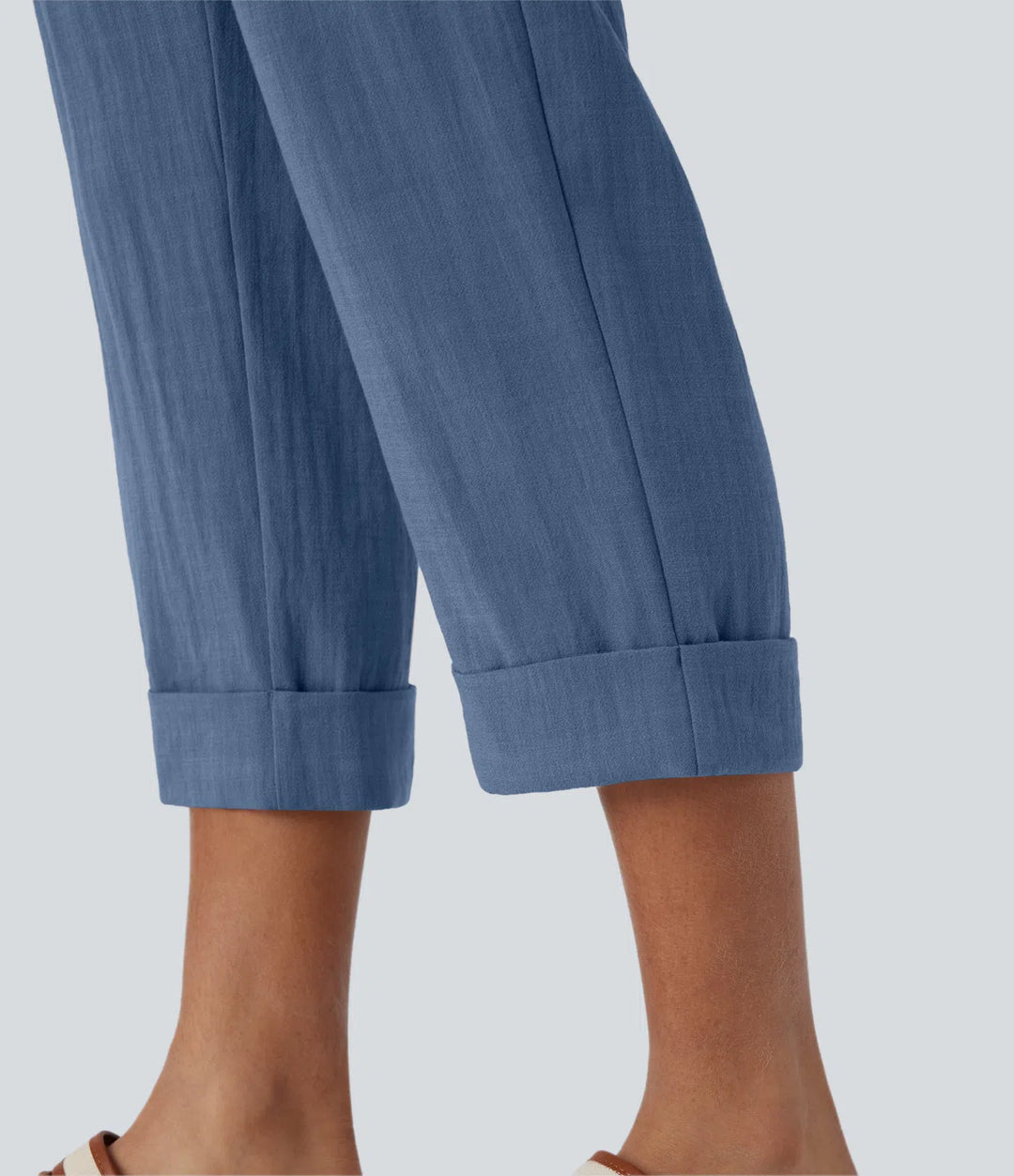 Pantalon capri effet lin taille haute avec poches zippées