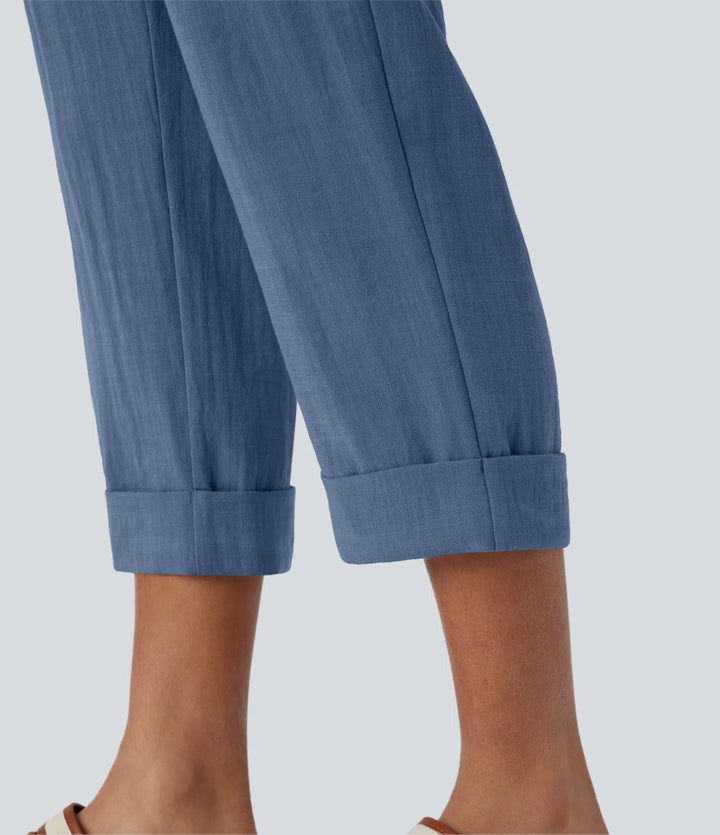 Pantalon capri effet lin taille haute avec poches zippées