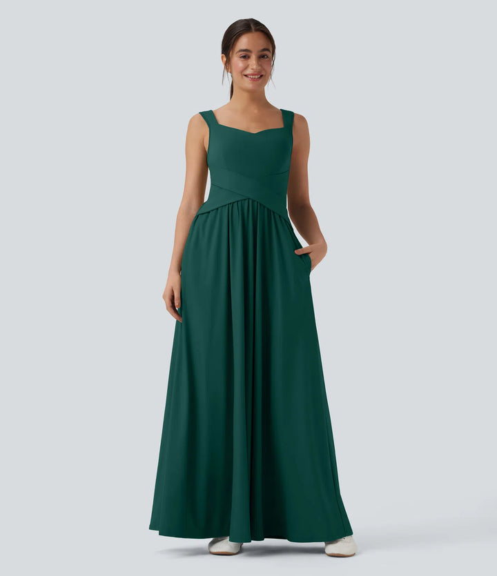 Robe maxi casual fluide dos nu, avec brassière intégrée et poches