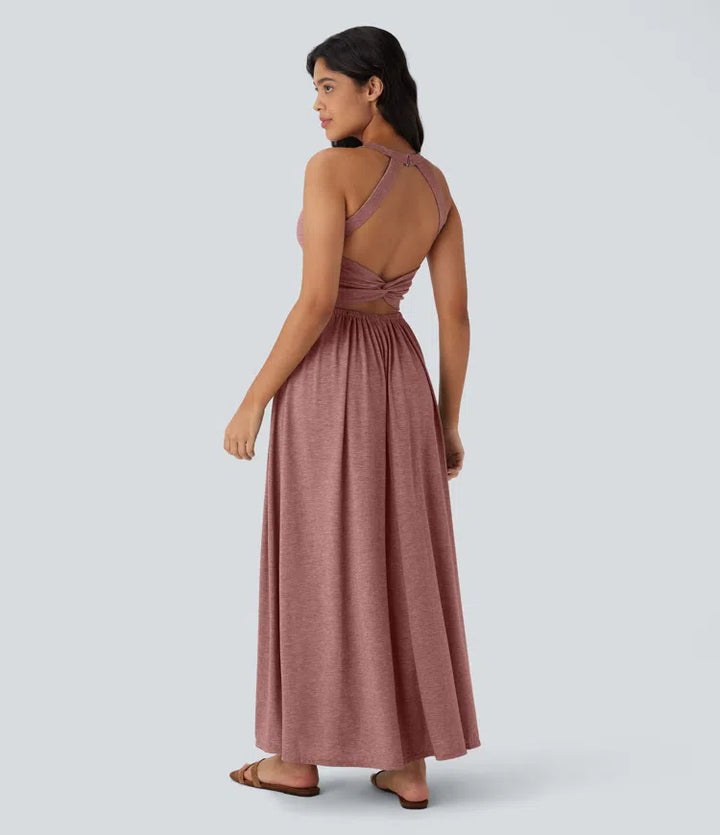Robe longue fluide fendue avec poches latérales, dos nu et effet torsadé