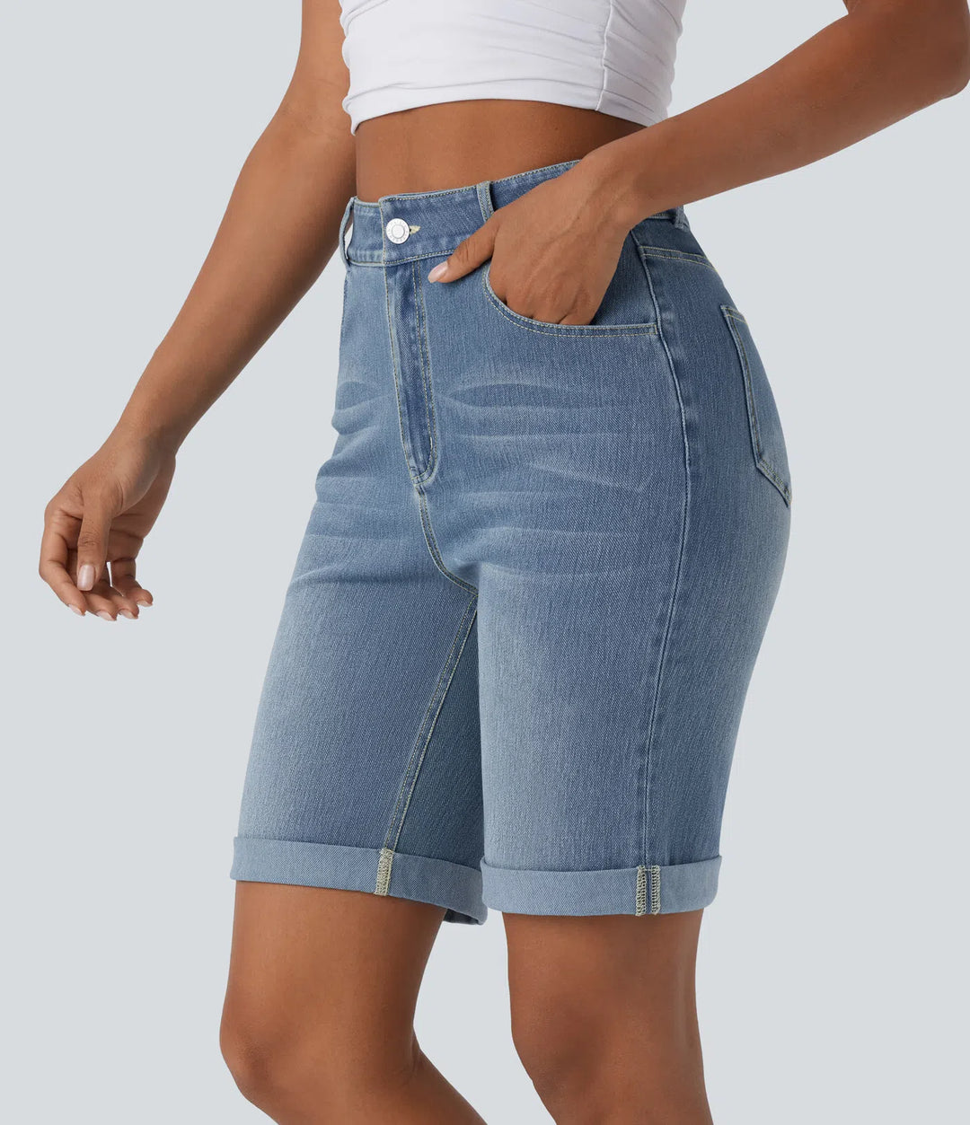 Bermuda décontracté en jean extensible délavé Halara Flex™ taille haute avec revers et multiples poches