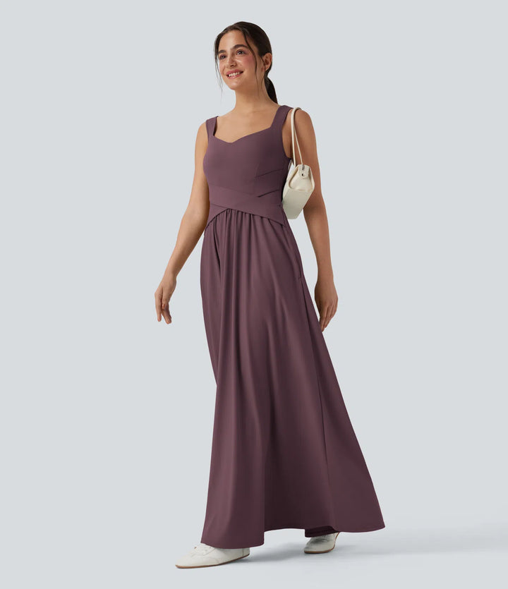 Robe maxi casual fluide dos nu, avec brassière intégrée et poches