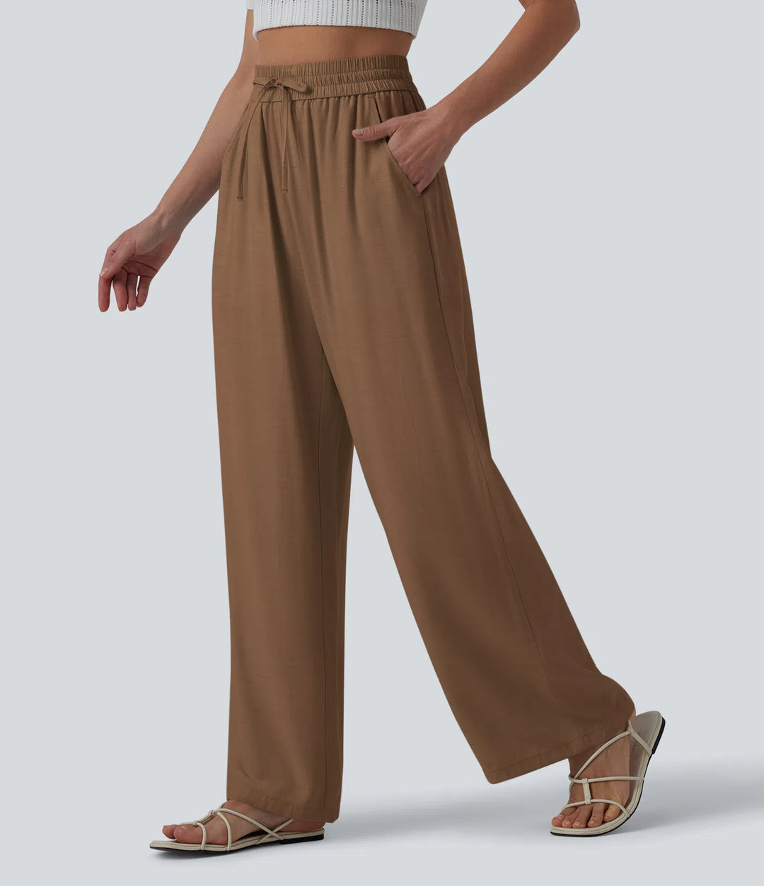 Pantalon casual large mélange lin taille haute avec cordon de serrage et poches