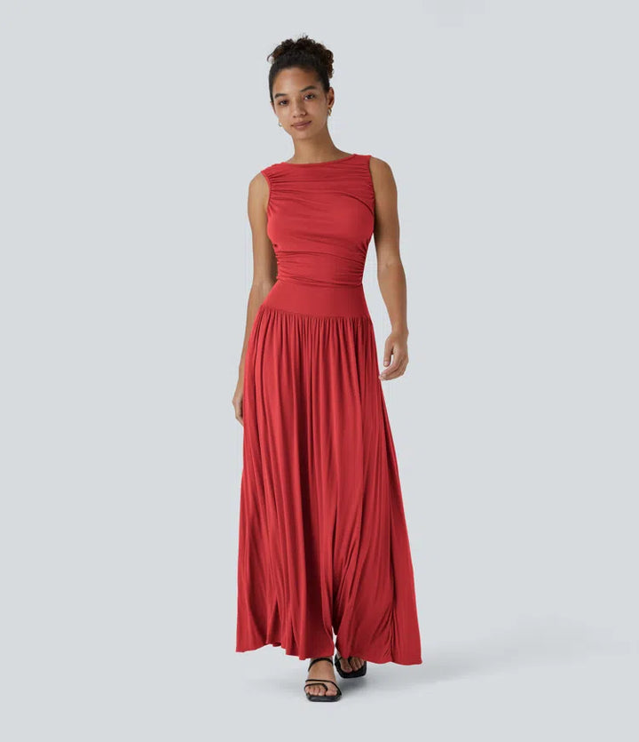 Robe longue décontractée à encolure bateau, bretelles asymétriques, côtés froncés et poches