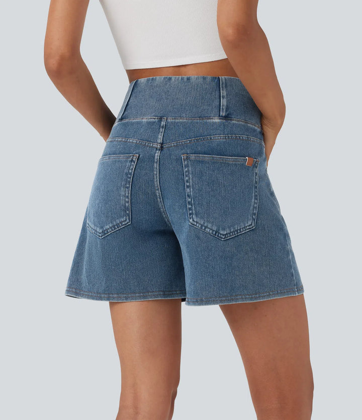 Jean & Marie Short décontracté évasé à jambe large en denim extensible délavé taille haute croisée avec poches multiples