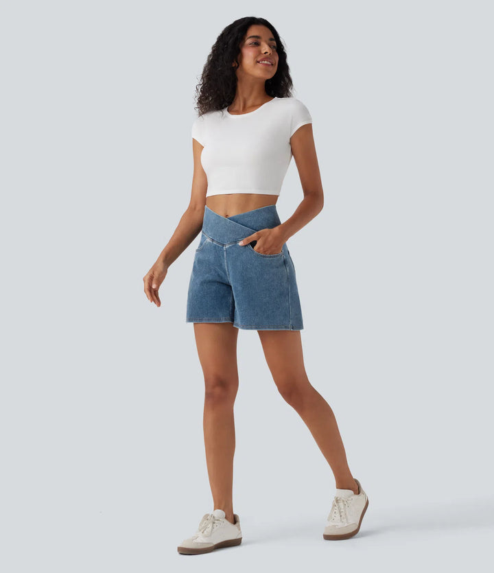 Jean & Marie Short décontracté évasé à jambe large en denim extensible délavé taille haute croisée avec poches multiples