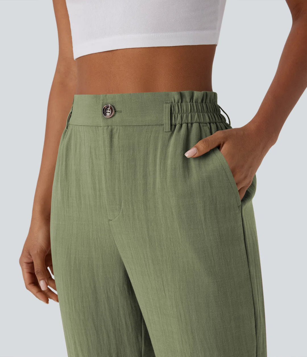 Pantalon capri effet lin taille haute avec poches zippées