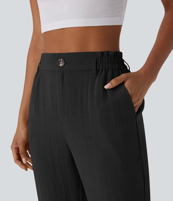 Pantalon capri effet lin taille haute avec poches zippées