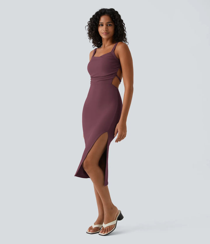 Robe midi casual laquée fendue, brassière intégrée, dos nu croisé