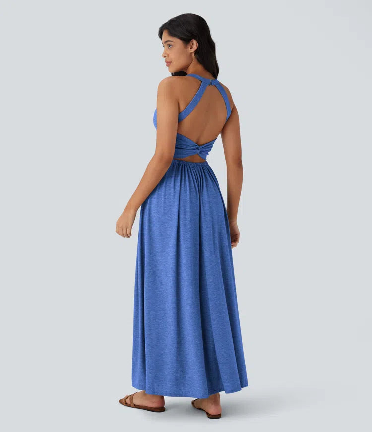Robe longue fluide fendue avec poches latérales, dos nu et effet torsadé