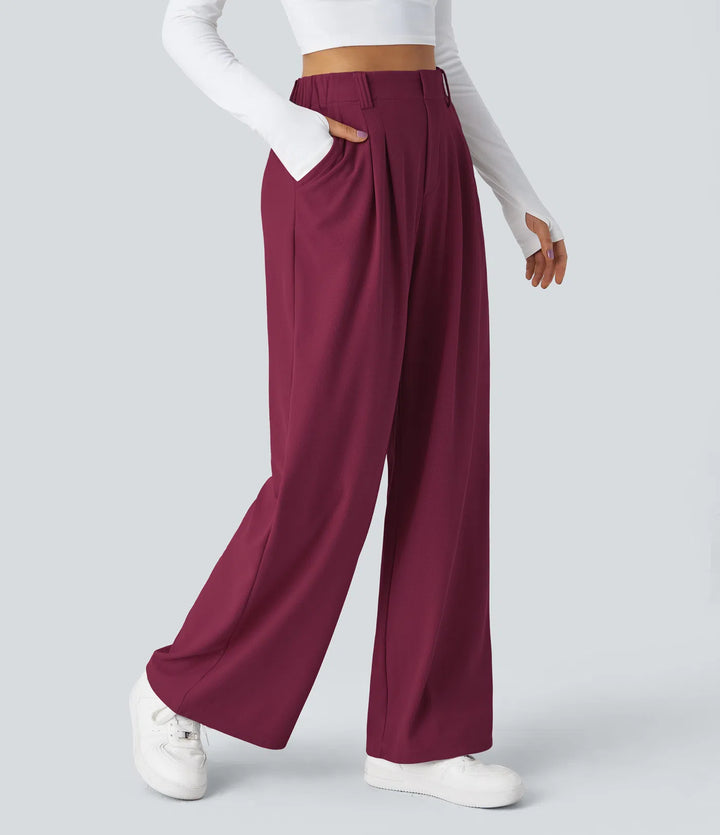 Pantalon fluide à taille haute et jambes larges, en tissu gaufré, avec poches latérales