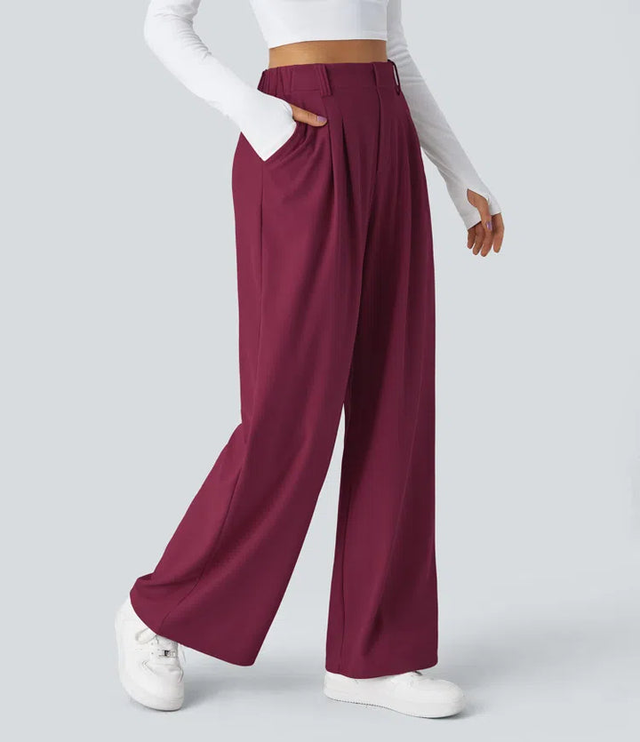 Pantalon fluide à taille haute et jambes larges, en tissu gaufré, avec poches latérales