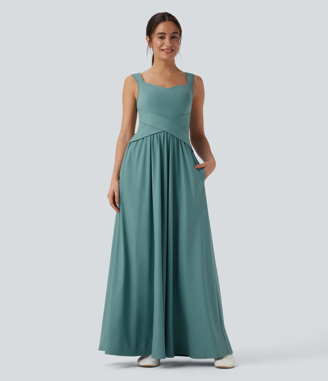Robe maxi casual fluide dos nu, avec brassière intégrée et poches